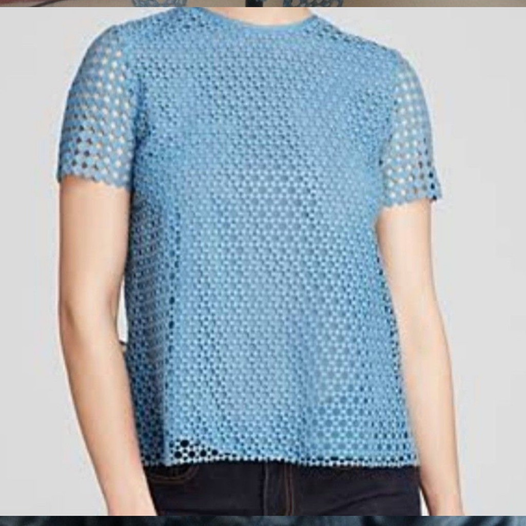 Tory Burch Blue Crescent Guipure Lace Short Sleeve Top